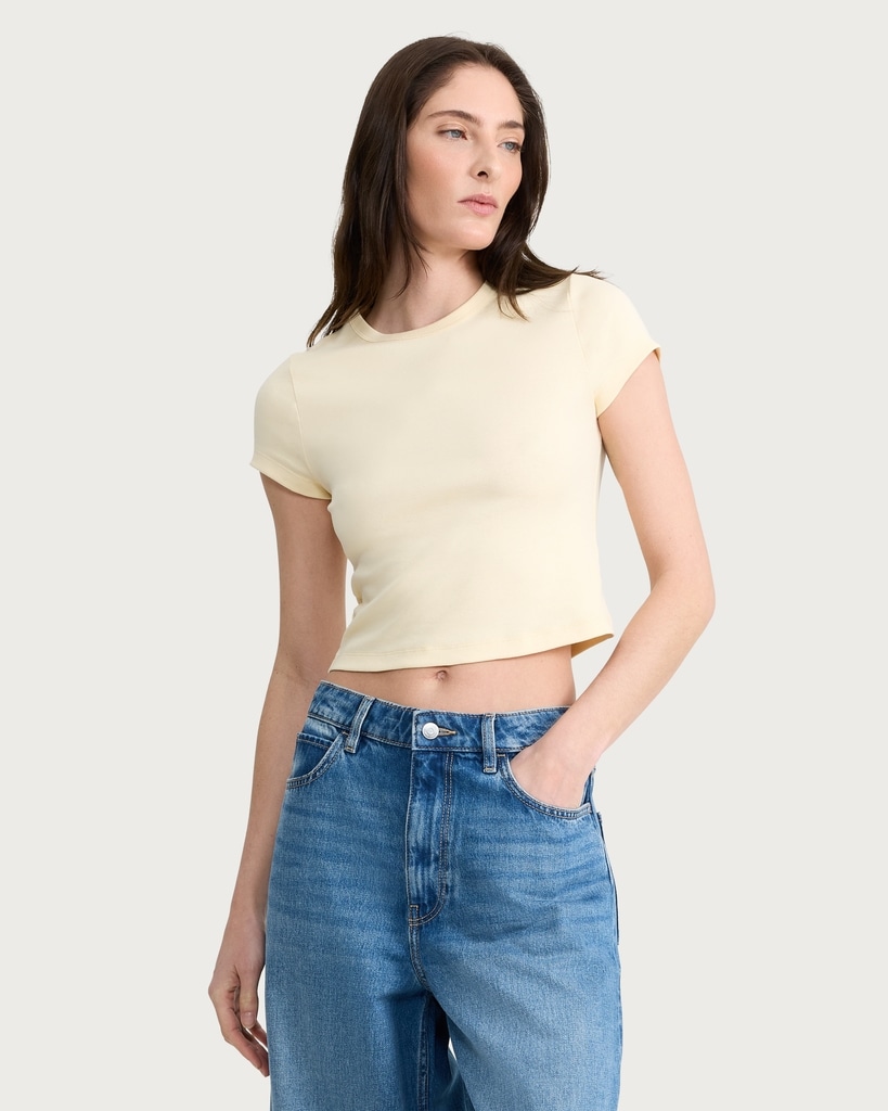 F&F Cotton Rich Short Sleeved Cropped T-Shirt in Yellow thumbnail 2