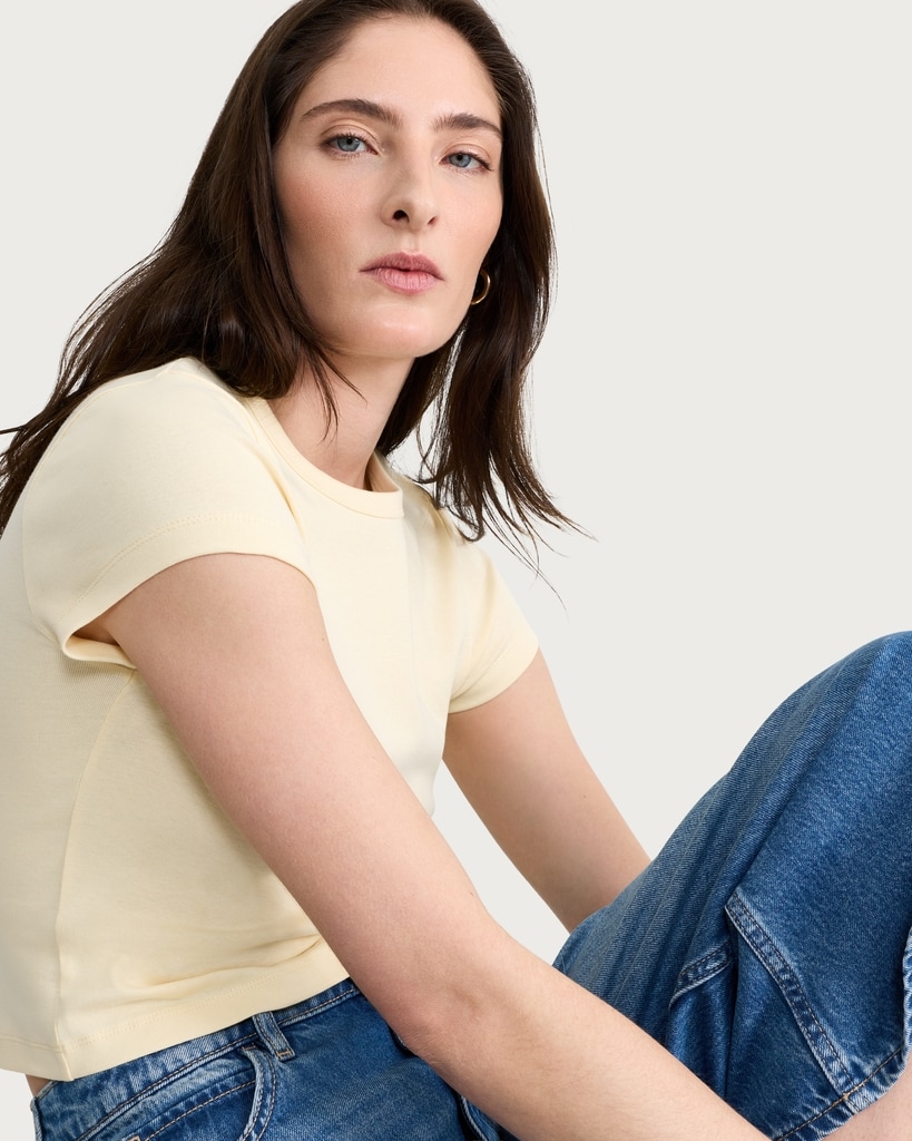 F&F Cotton Rich Short Sleeved Cropped T-Shirt in Yellow thumbnail 3