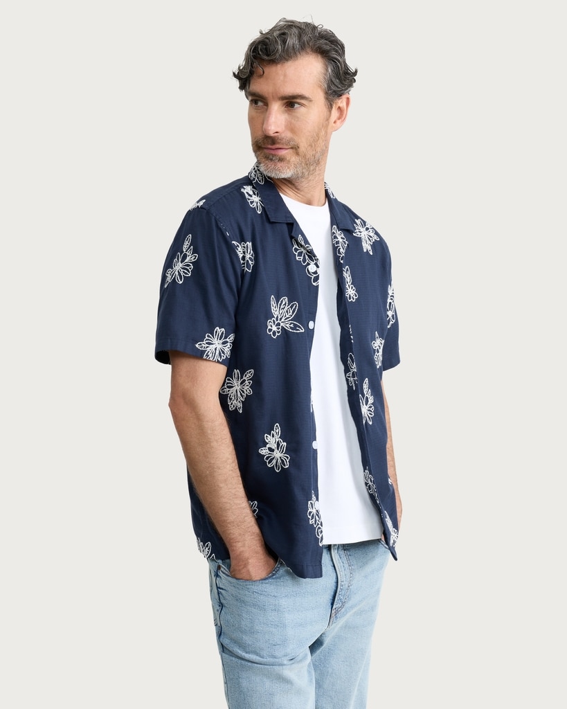 The F&F Edit Cotton Rich Floral Embroidered Short Sleeved Shirt in Navy