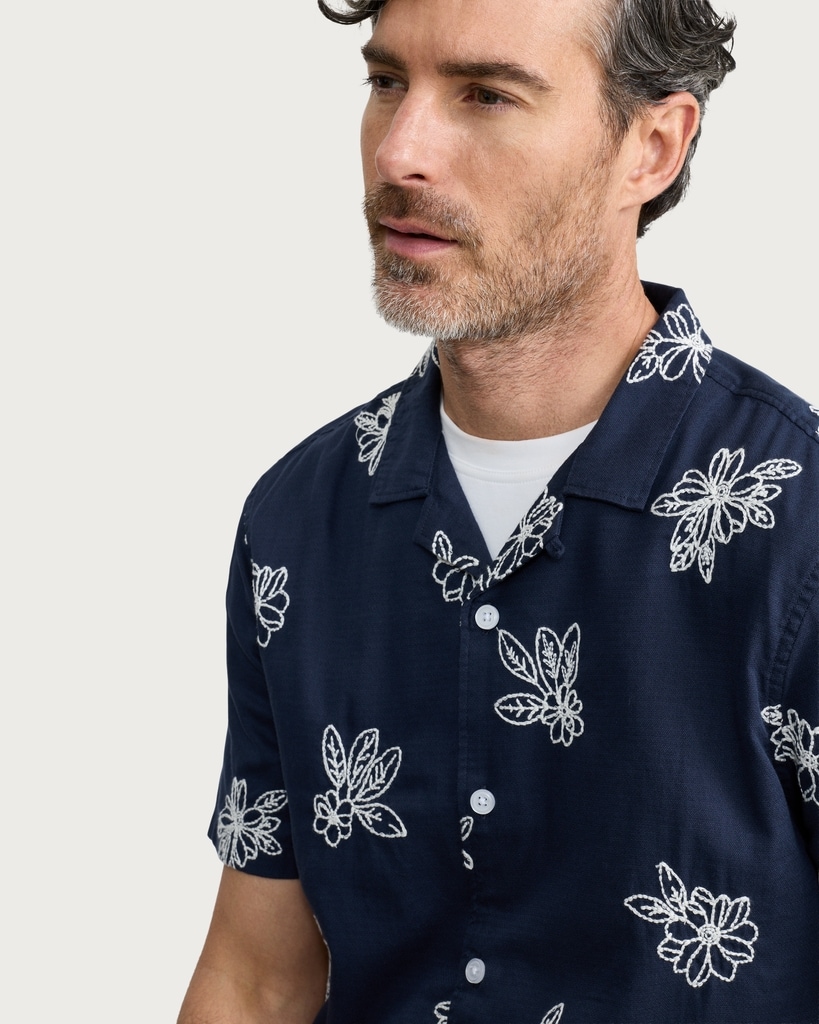 The F&F Edit Cotton Rich Floral Embroidered Short Sleeved Shirt in Navy thumbnail 2