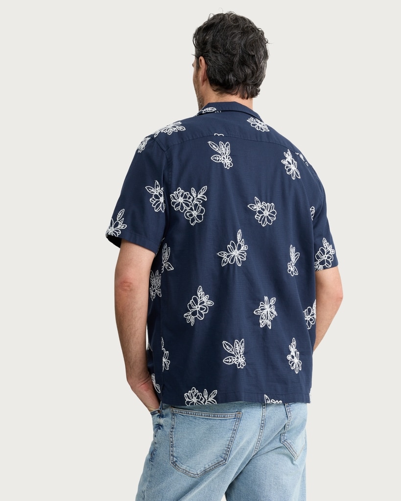 The F&F Edit Cotton Rich Floral Embroidered Short Sleeved Shirt in Navy thumbnail 3