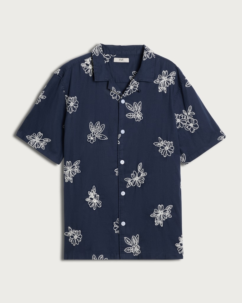 The F&F Edit Cotton Rich Floral Embroidered Short Sleeved Shirt in Navy thumbnail 4