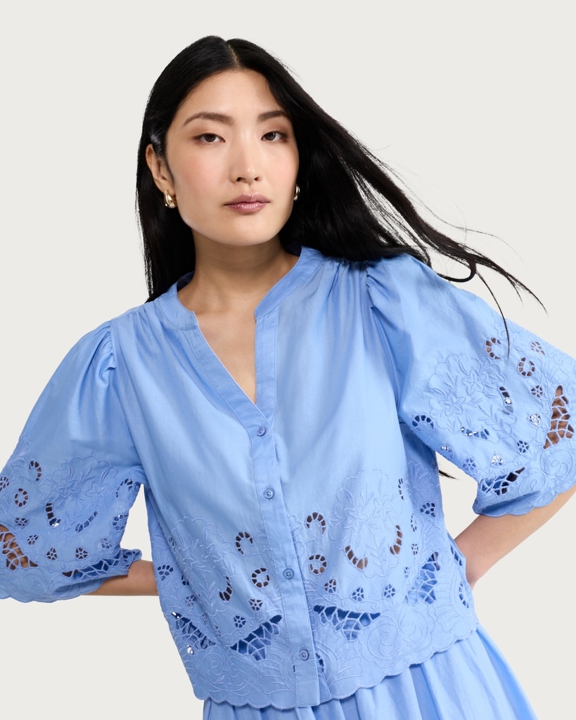 F&F Pure Cotton Broderie Cut Out Co-ord Blouse in Blue