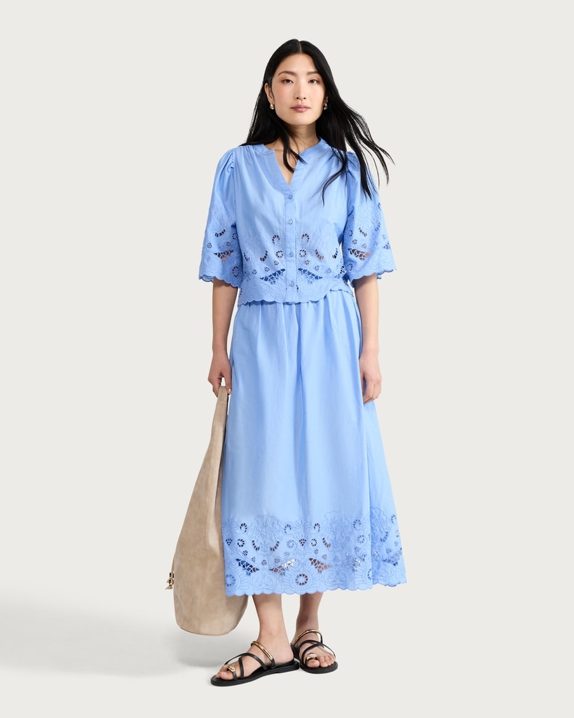 F&F Pure Cotton Broderie Cut Out Co-ord Blouse in Blue thumbnail 2