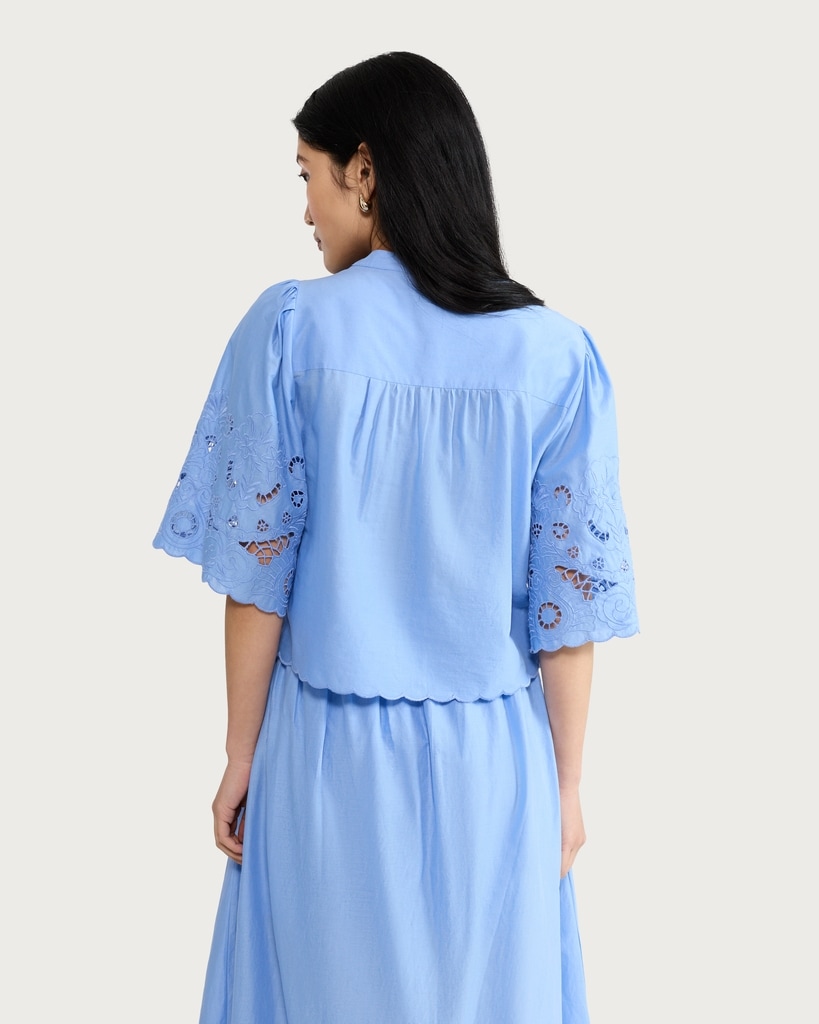 F&F Pure Cotton Broderie Cut Out Co-ord Blouse in Blue thumbnail 3