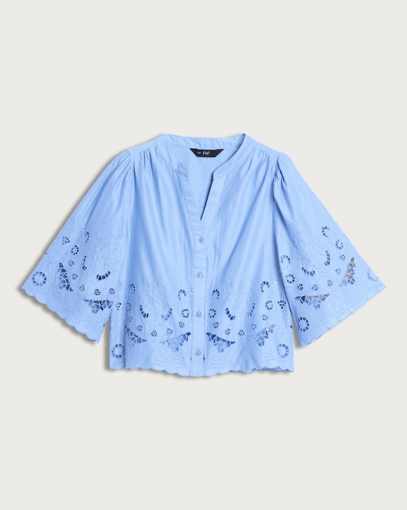 F&F Pure Cotton Broderie Cut Out Co-ord Blouse in Blue thumbnail 4