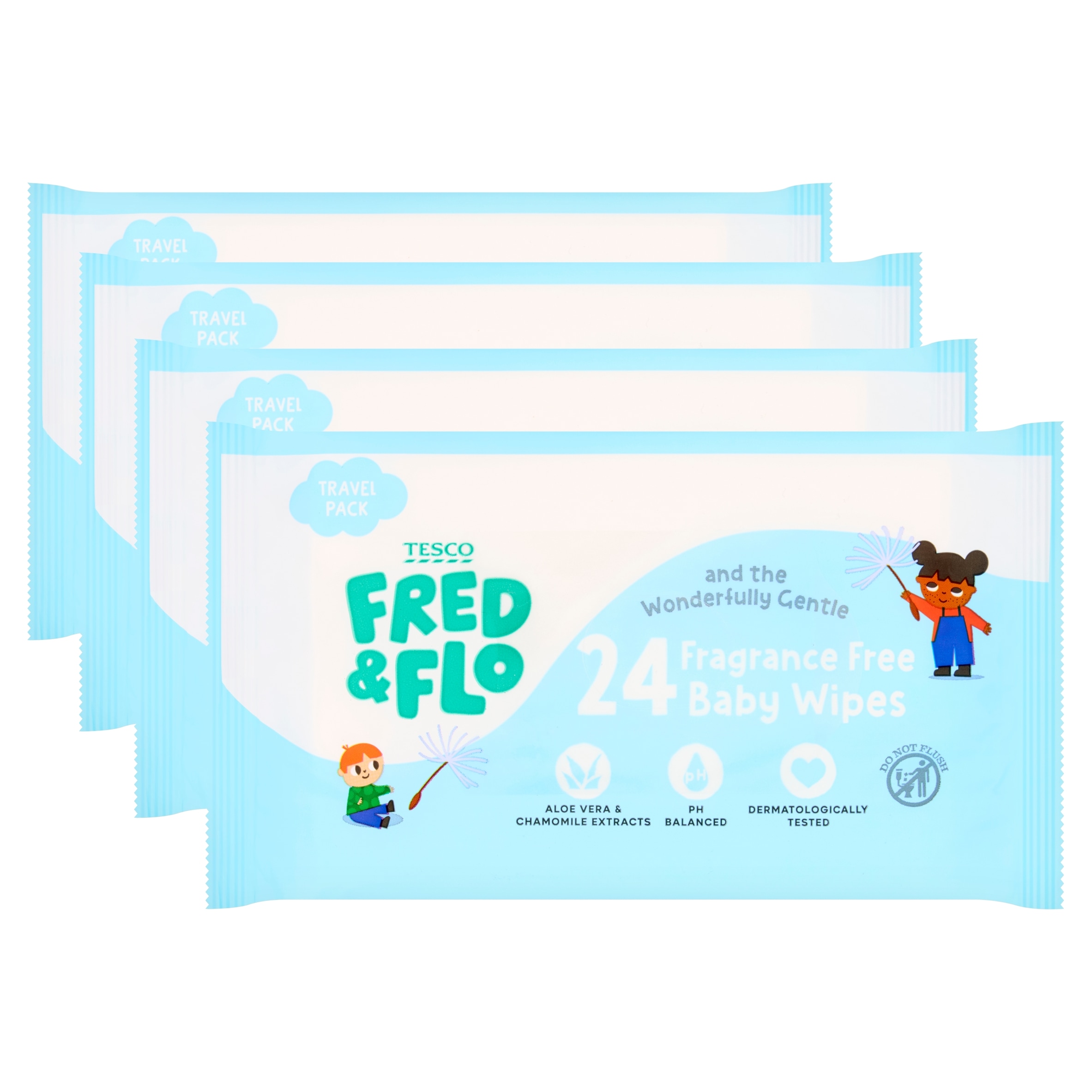 Tesco Fred & Flo Fragrance Free Baby Wipes Travel Pack 4x24 Pack