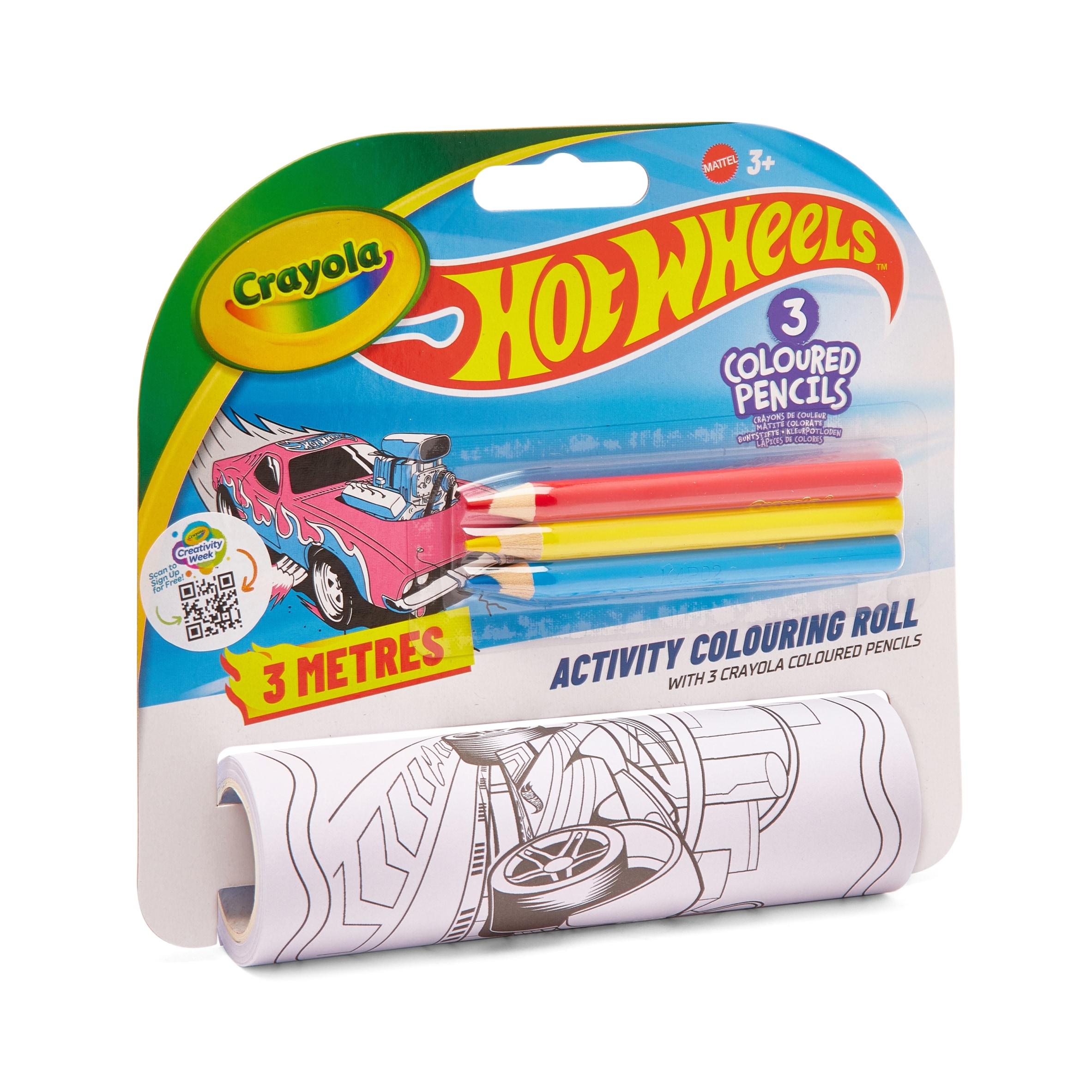 Crayola Hot Wheels 3 meters Activity Colouring Roll with 3 Crayola coloured pencils