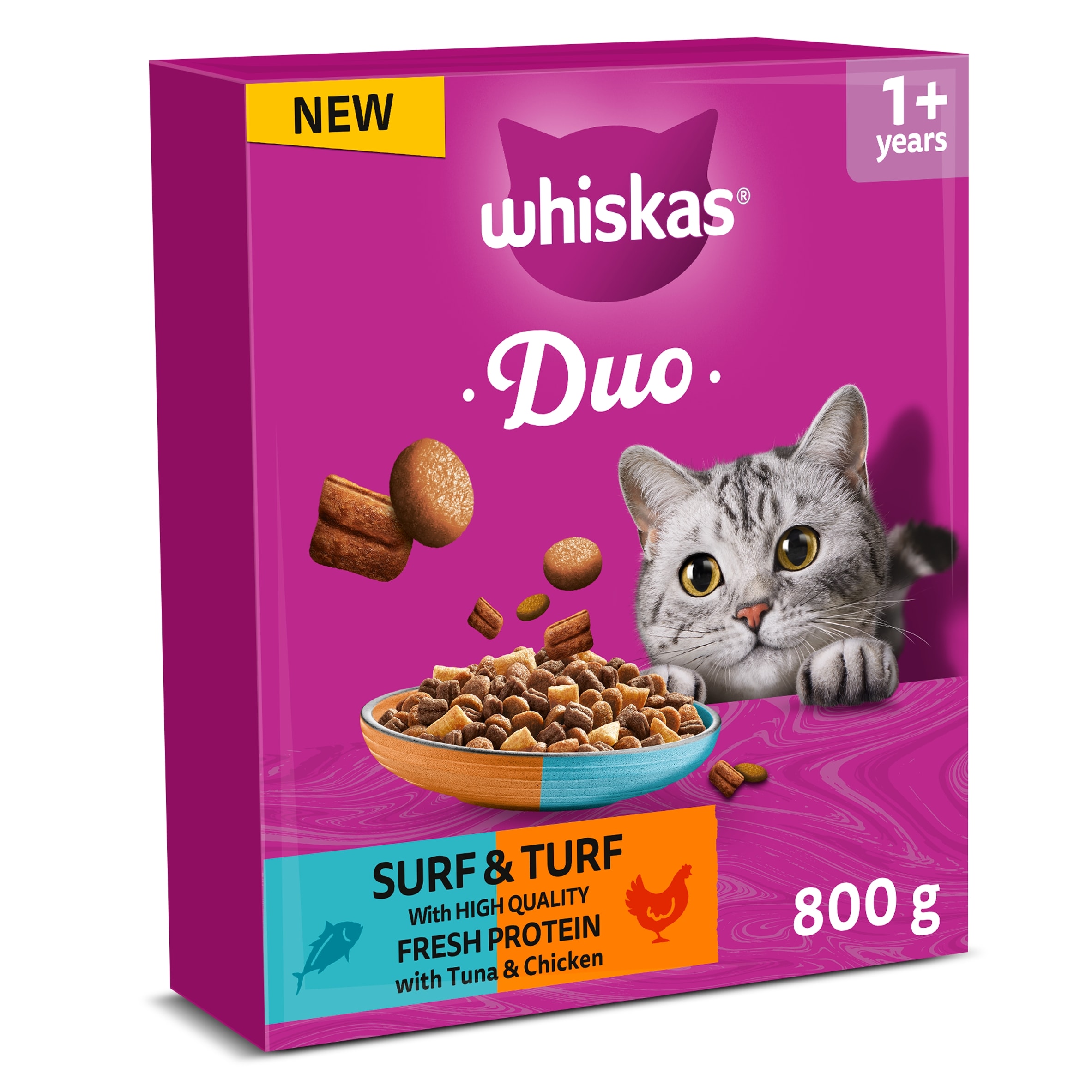 WHISKAS 1+ DUO Surf & Turf Dry Cat Food Biscuits 800g
