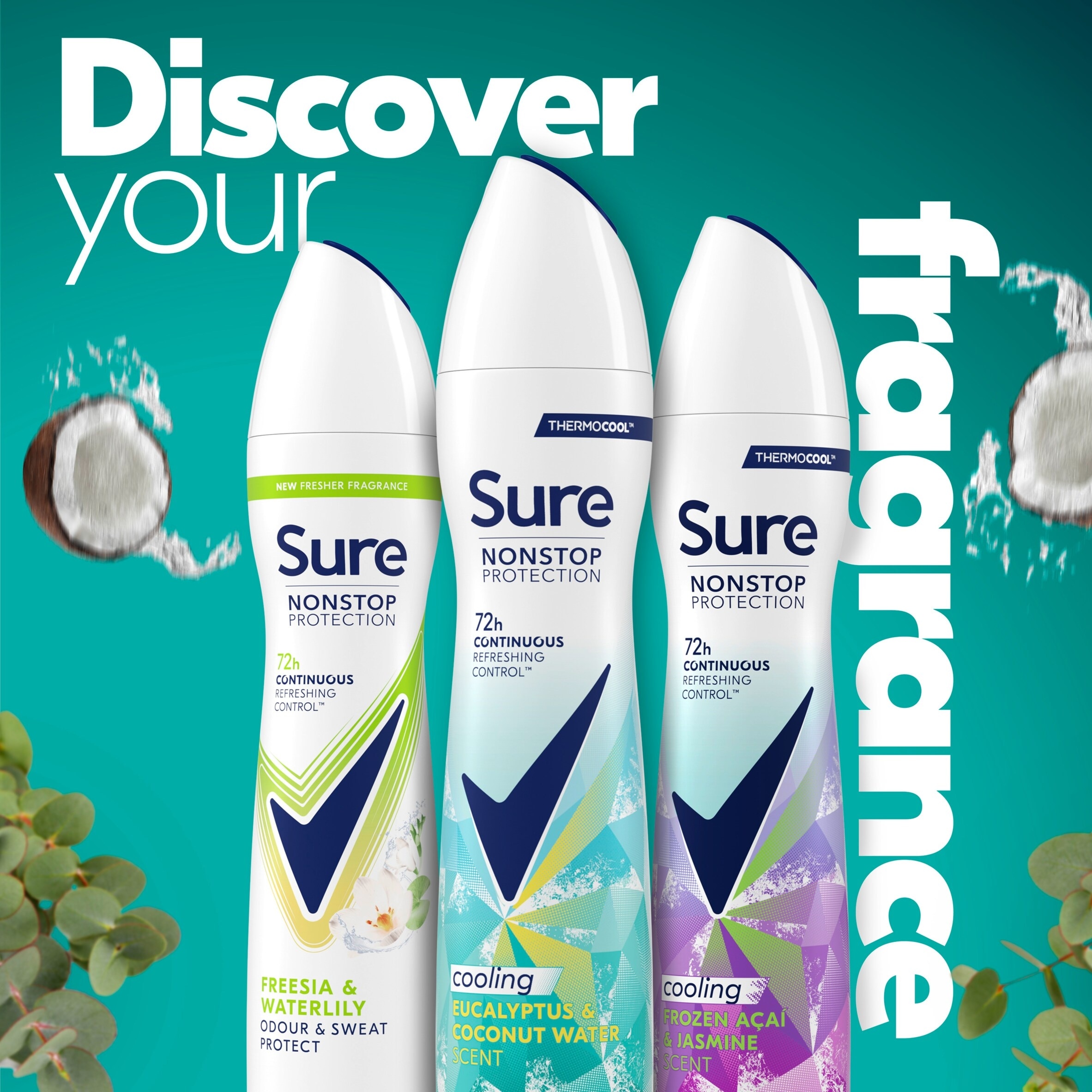Sure  Eucalyptus & Coconut Water Scent 72h continuous Nonstop protection Antiperspirant Deodorant 250ml thumbnail 5