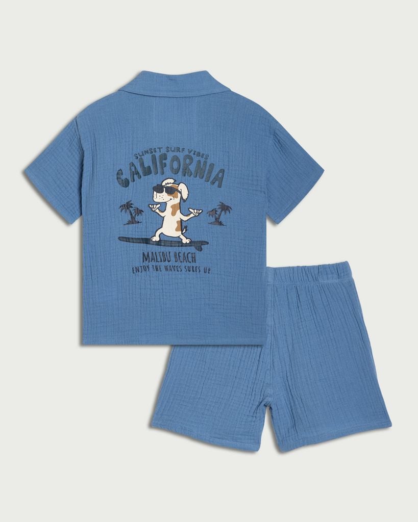 F&F Boys 2-Piece Pure Cotton Surf Vibes Shirt and Shorts Pyjama Set in Blue thumbnail 2