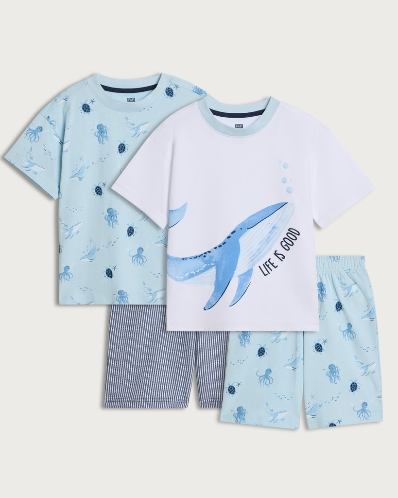 F&F 2-Pack Pure Cotton Whale Print Pyjama Sets in Blue
