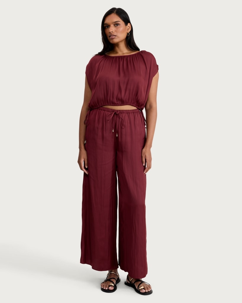 F&F Satin Drawstring Hem Sleeveless Co-ord Top in Burgundy