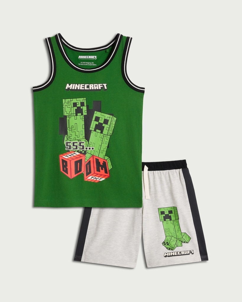 Minecraft Cotton Rich Creeper Print Short Pyjama Set in Green