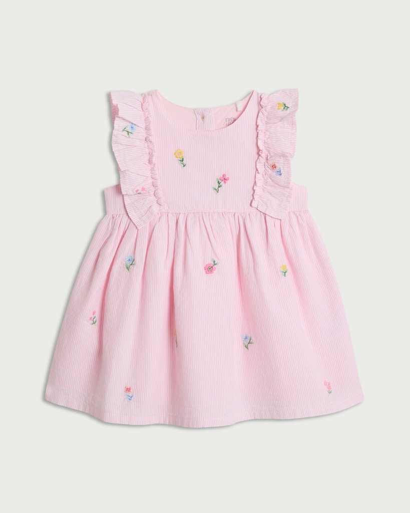 F&F Baby Pure Cotton Embroidered Striped Dress in Pink