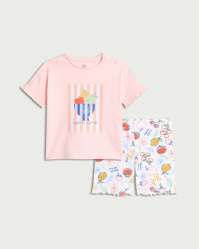 F&F Baby 2-Piece Cotton Rich Fruit Print T-Shirt and Shorts Set in Pink