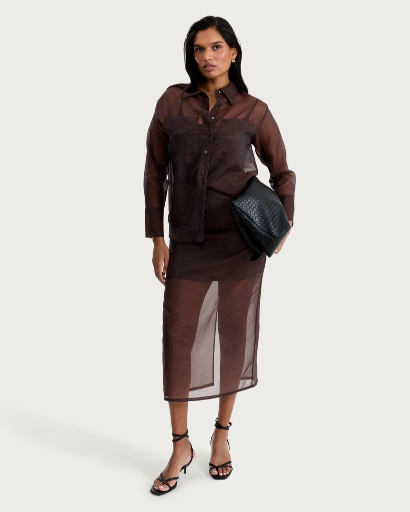 F&F Organza Sheer Panel Co-ord Midi Skirt in Brown