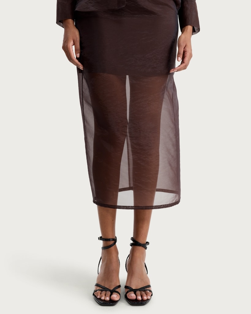 F&F Organza Sheer Panel Co-ord Midi Skirt in Brown thumbnail 2