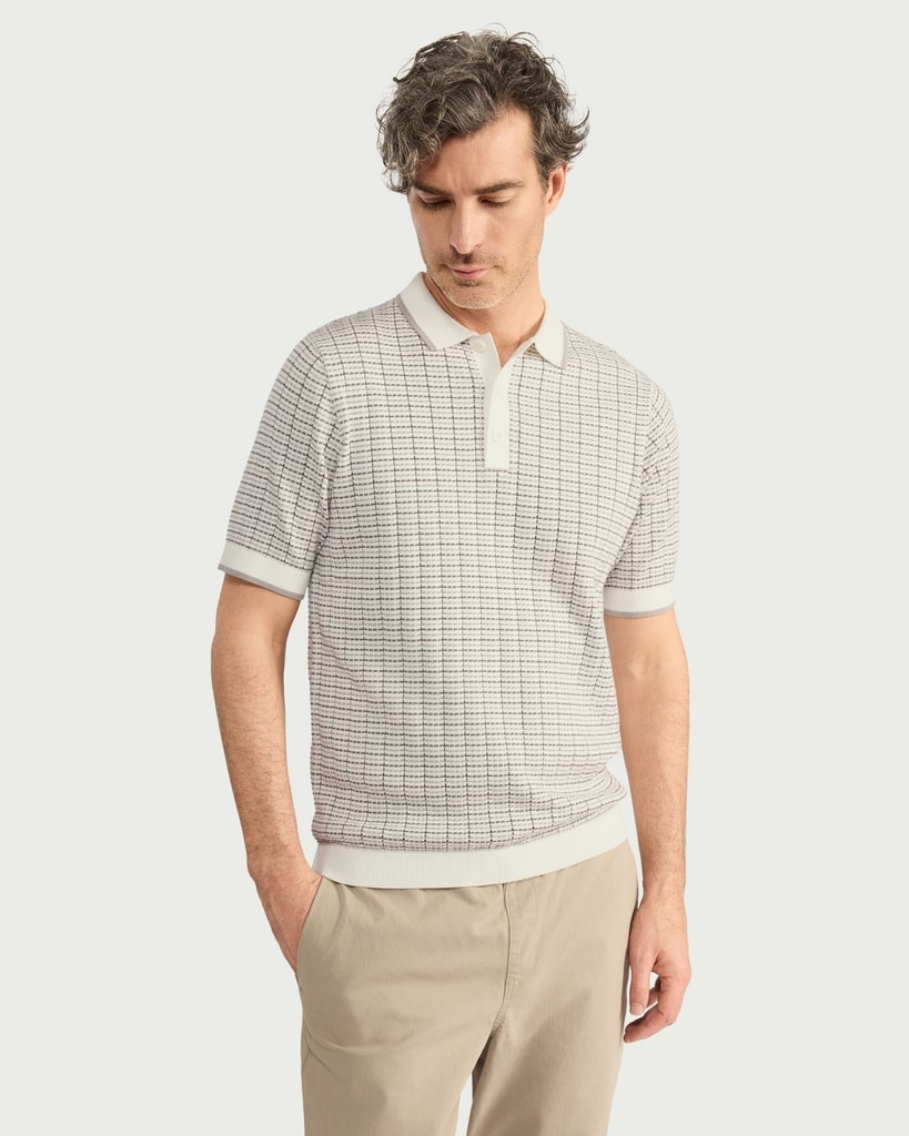 F&F Pure Cotton Textured Knit Polo Shirt in Multi White