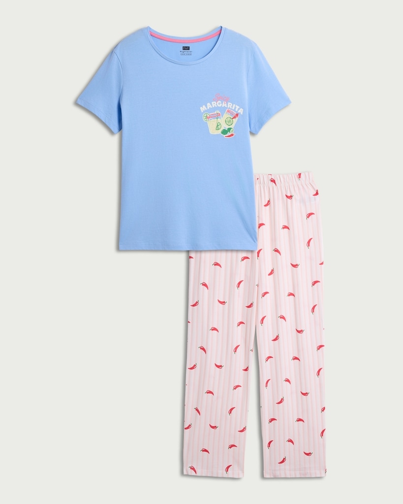 F&F Pure Cotton Margarita Pyjama Set in Multi Blue thumbnail 4
