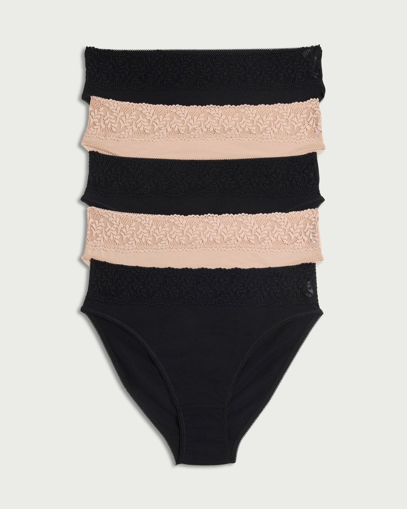 F&F 5-Pack Cotton Rich Lace Trim High Leg Knickers in Multi