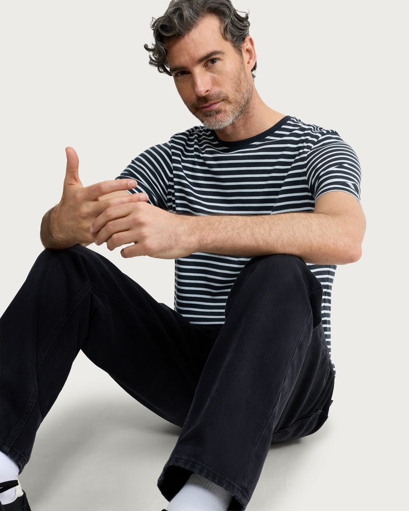 F&F Pure Cotton Stripe Print Short Sleeved Slim Fit T-Shirt in Navy thumbnail 2