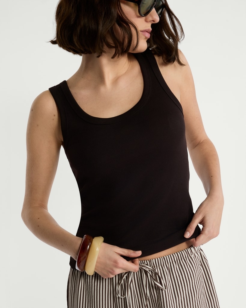 F&F Cotton Rich Ribbed Scoop Neck Vest in Chocolate