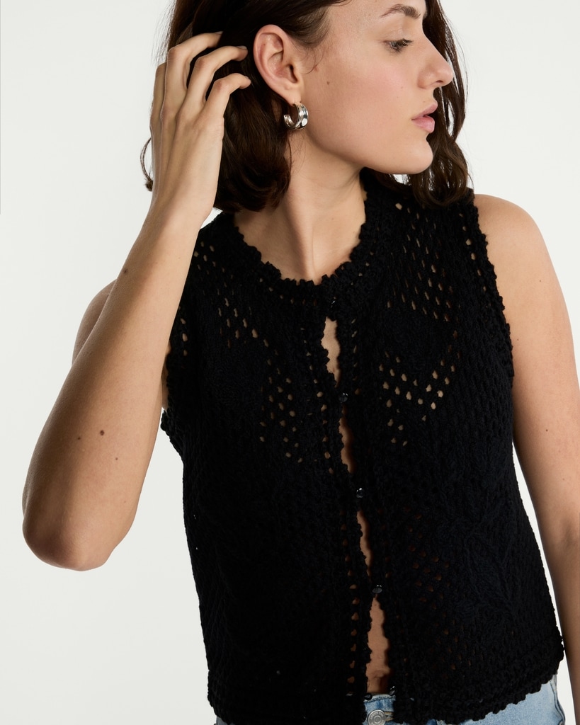 F&F Pure Cotton Open Knit Waistcoat in Black