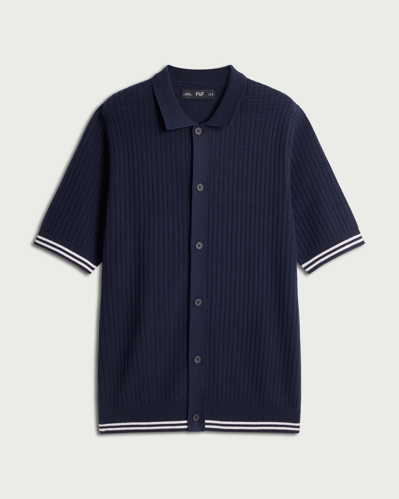 F&F Pure Cotton Textured Knit Polo Shirt in Navy thumbnail 4