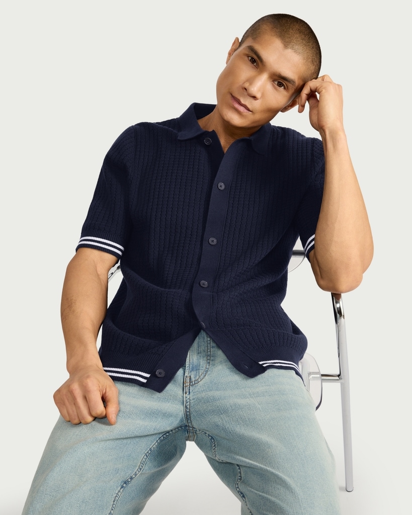 F&F Pure Cotton Textured Knit Polo Shirt in Navy