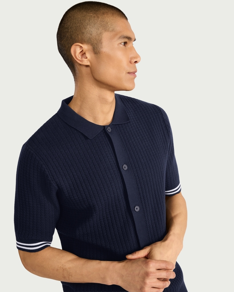 F&F Pure Cotton Textured Knit Polo Shirt in Navy thumbnail 2