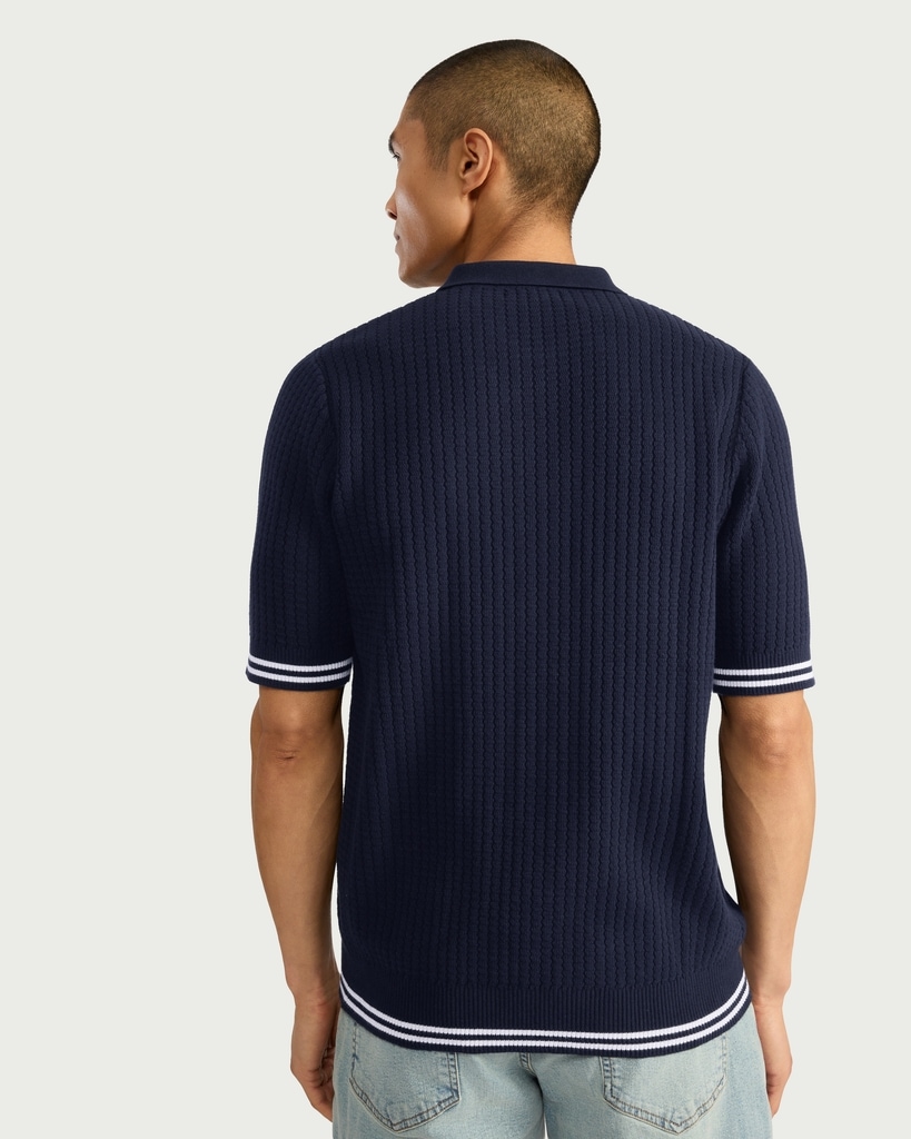 F&F Pure Cotton Textured Knit Polo Shirt in Navy thumbnail 3