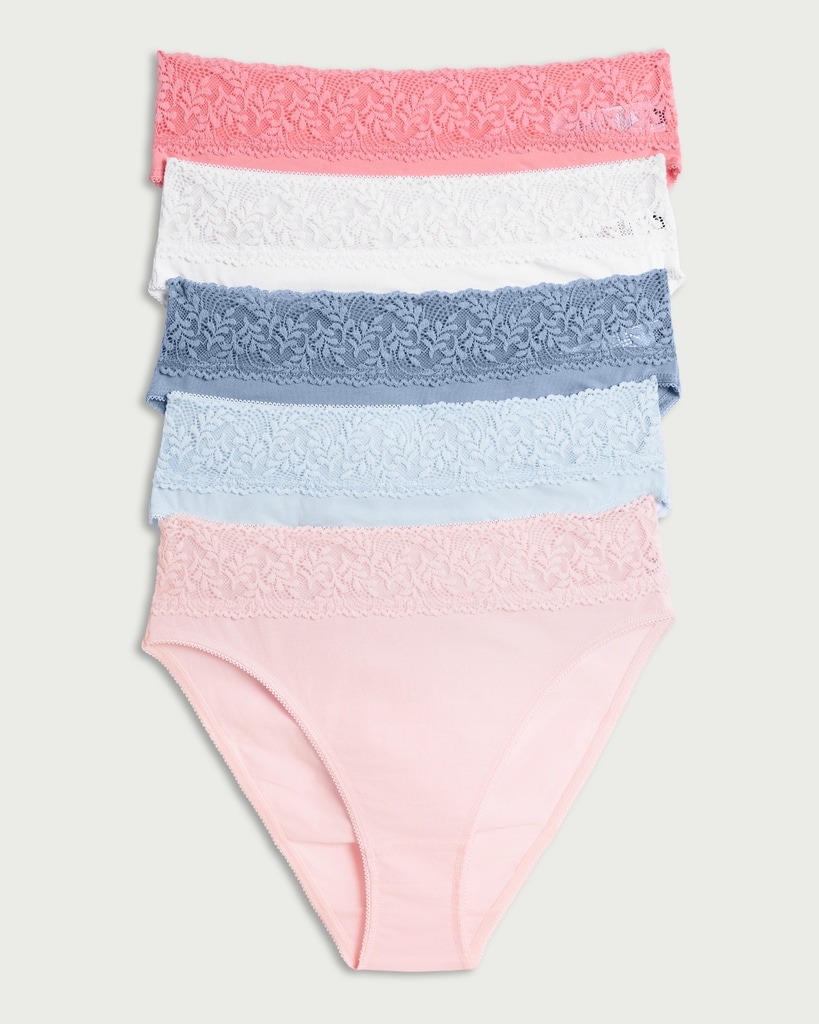 F&F 5-Pack Cotton Rich Lace Trim High Leg Knickers in Multi