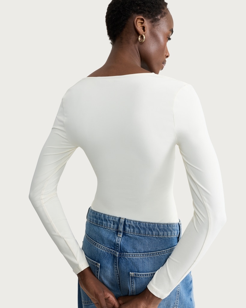 F&F Polyamide Square Neck Long Sleeved Bodysuit in Cream thumbnail 3