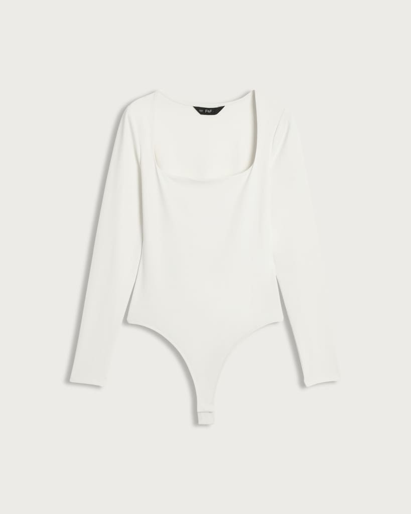 F&F Polyamide Square Neck Long Sleeved Bodysuit in Cream thumbnail 4