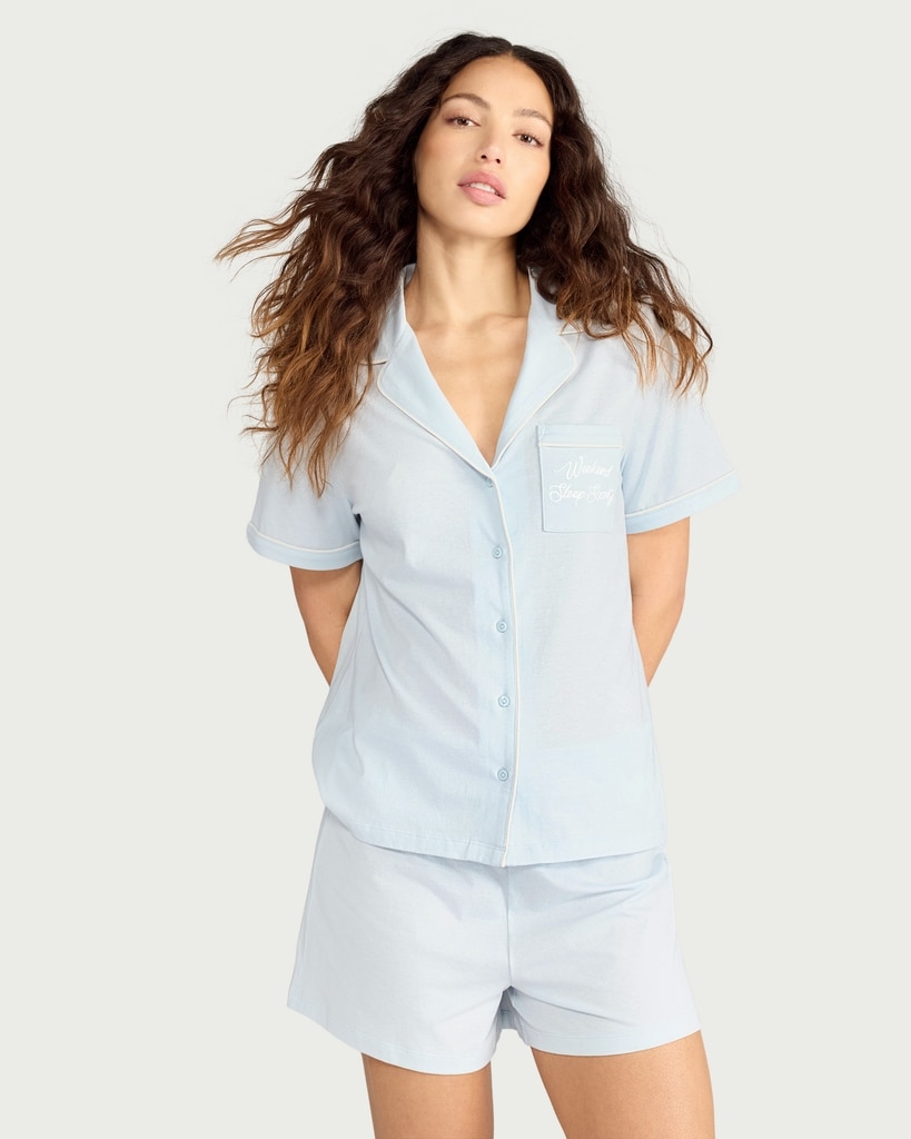 F&F 2-Piece Pure Cotton Embroidered Revere Short Pyjama Set in Blue