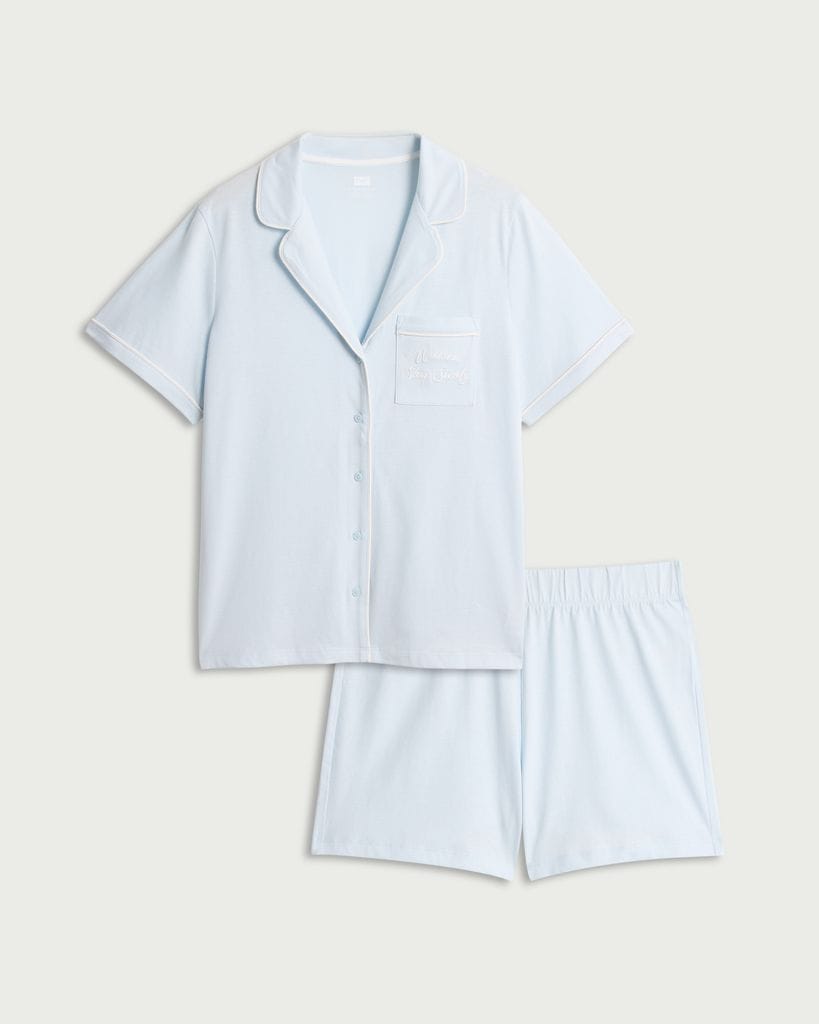 F&F 2-Piece Pure Cotton Embroidered Revere Short Pyjama Set in Blue thumbnail 4