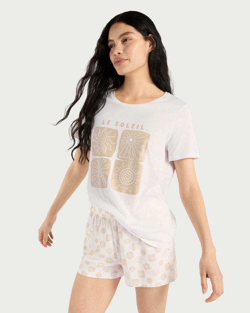 F&F Pure Cotton Le Soleil Short Pyjama Set in Multi White
