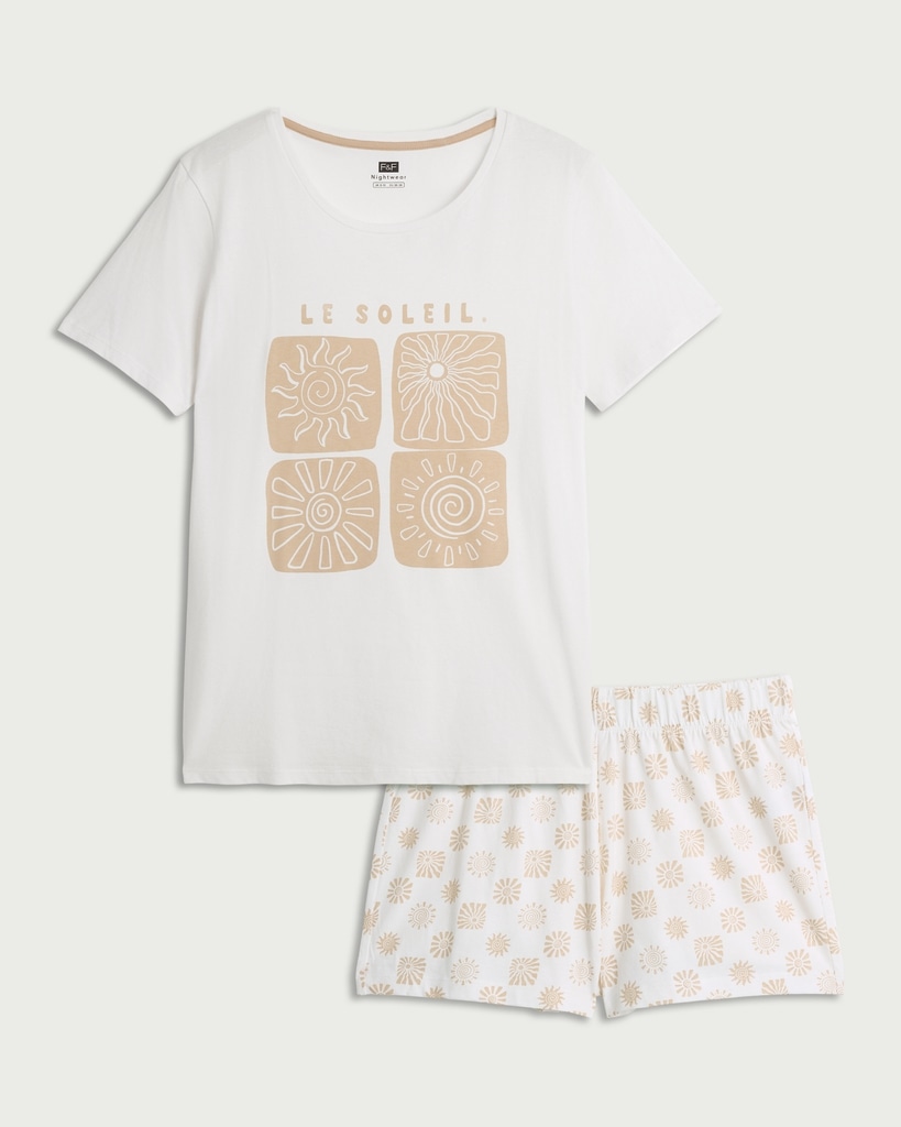 F&F Pure Cotton Le Soleil Short Pyjama Set in Multi White thumbnail 4