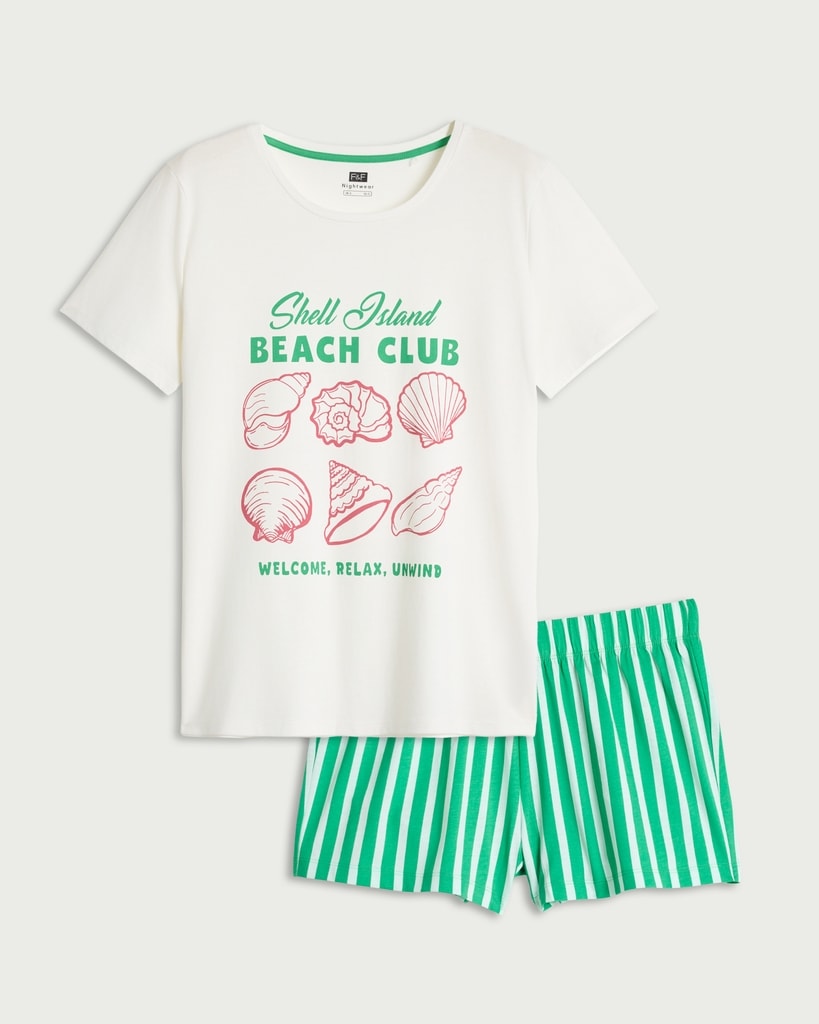 F&F 2-Piece Pure Cotton Shell Island Pyjama Set in Multi Green thumbnail 2