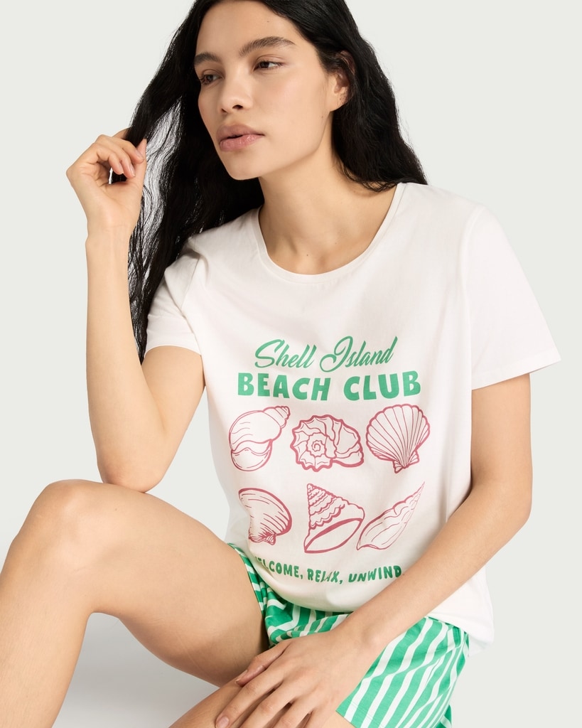 F&F 2-Piece Pure Cotton Shell Island Pyjama Set in Multi Green