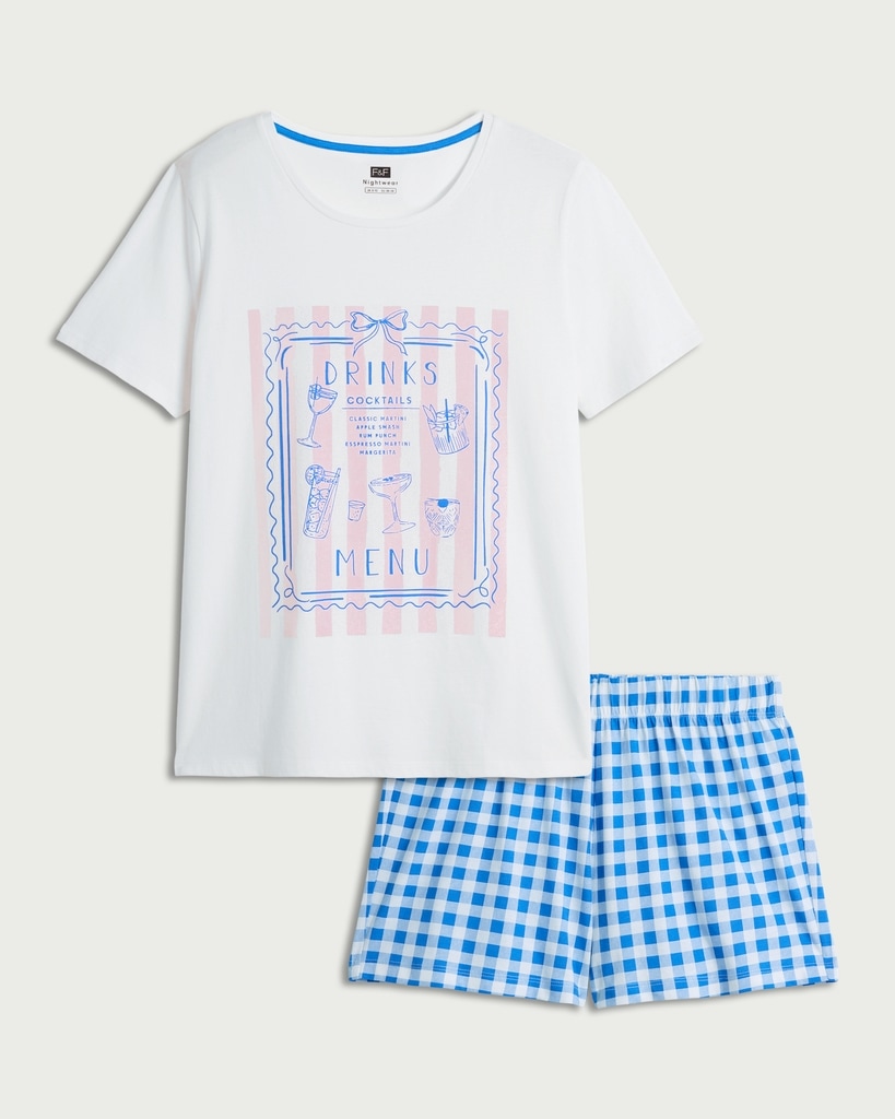 F&F Pure Cotton Cocktail Short Pyjama Set in Multi Blue thumbnail 4