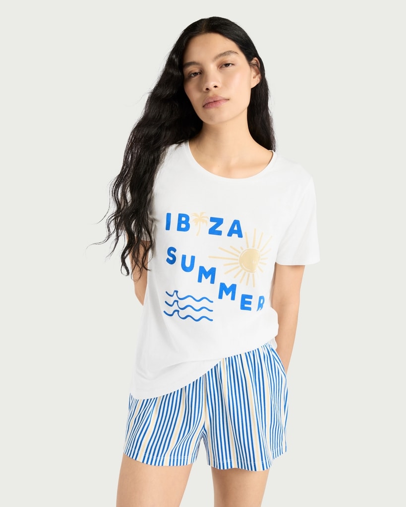F&F 2-Piece Pure Cotton Ibiza Summer Shorts Pyjama Set in Multi Blue thumbnail 2