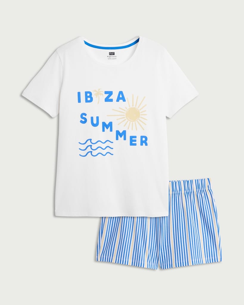 F&F 2-Piece Pure Cotton Ibiza Summer Shorts Pyjama Set in Multi Blue thumbnail 4