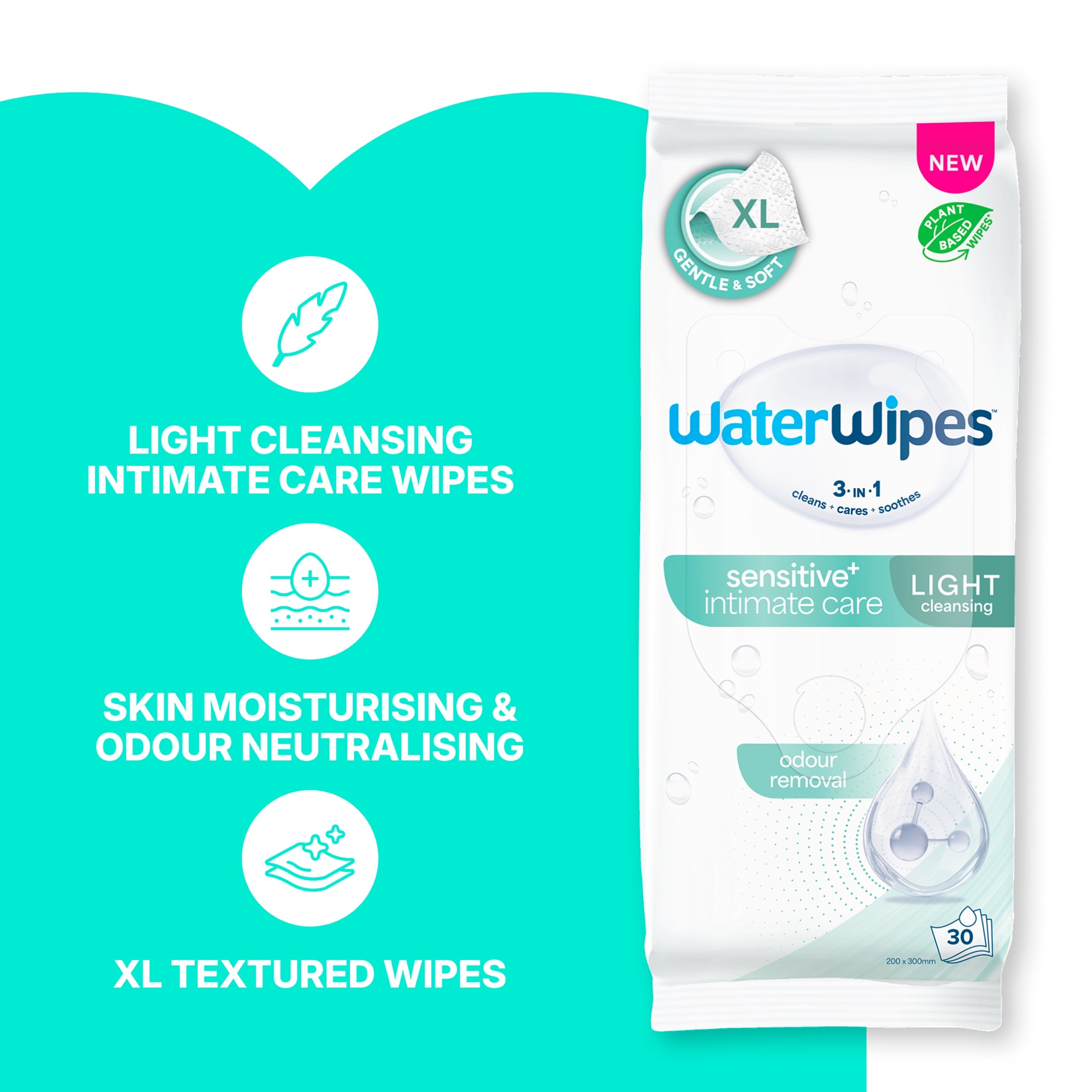 WaterWipes 3 in 1 Sensitive+ Intimate Care Light 30 Wipes thumbnail 2