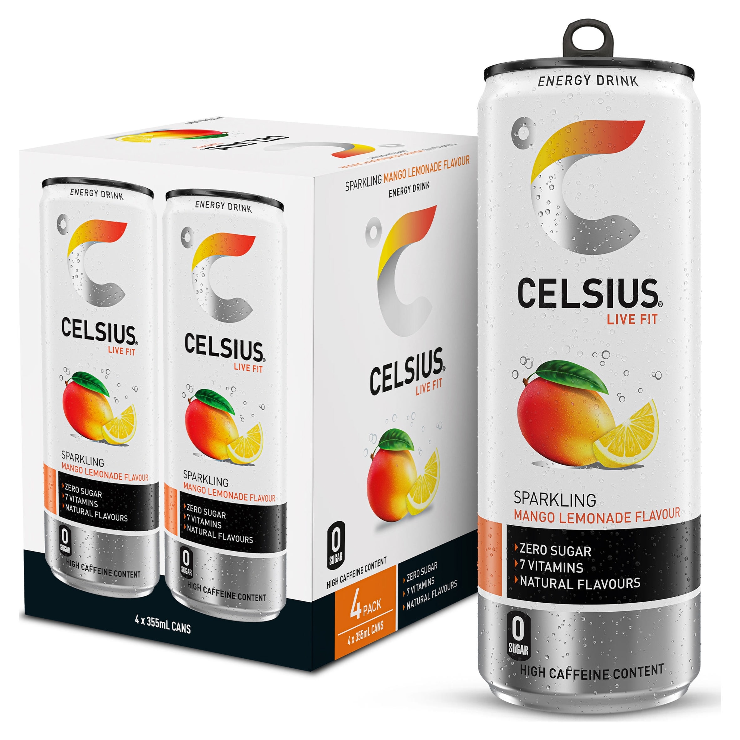 Celsius Live Fit Sparkling Mango Lemonade Flavour Zero Energy Drink 4x355ml