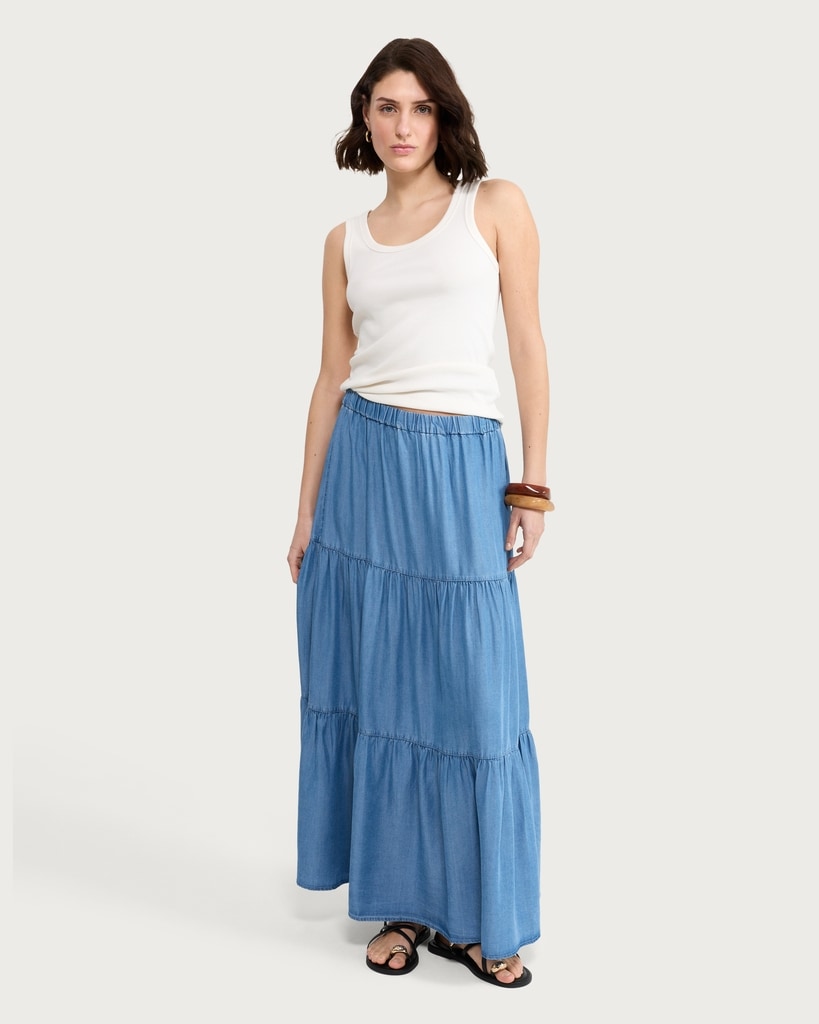 F&F Pure Lyocell Tiered Midi Skirt in Blue
