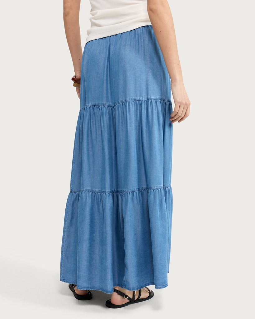 F&F Pure Lyocell Tiered Midi Skirt in Blue thumbnail 3