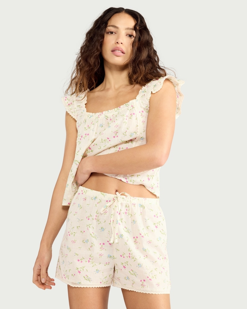 F&F Pure Cotton Floral Print Pyjama Shorts in Multi White