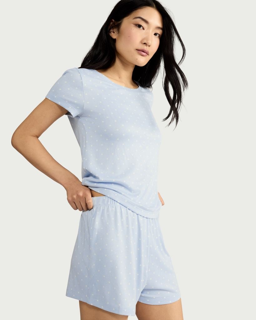 F&F Textured Polka Dot Short Pyjama Set in Multi Blue thumbnail 2